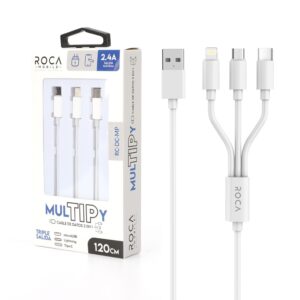 Cable de Datos ROCA mulTIPy 3en1 120cm 2.4A microUSB/USB C/Lightning (sólo carga) Blanco