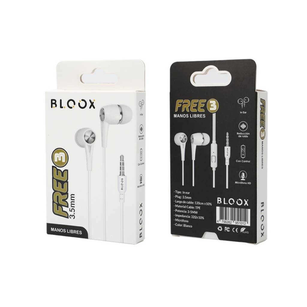 Manos Libres Stereo BLOOX Free3 3 5mm Blanco (Intrauditivo) Universal - Imagen 3
