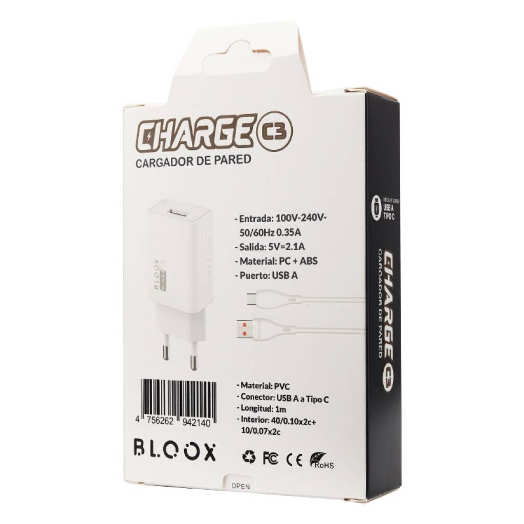 Cargador BLOOX 1 USB 2.1A + Cable Tipo C 1M - Imagen 2