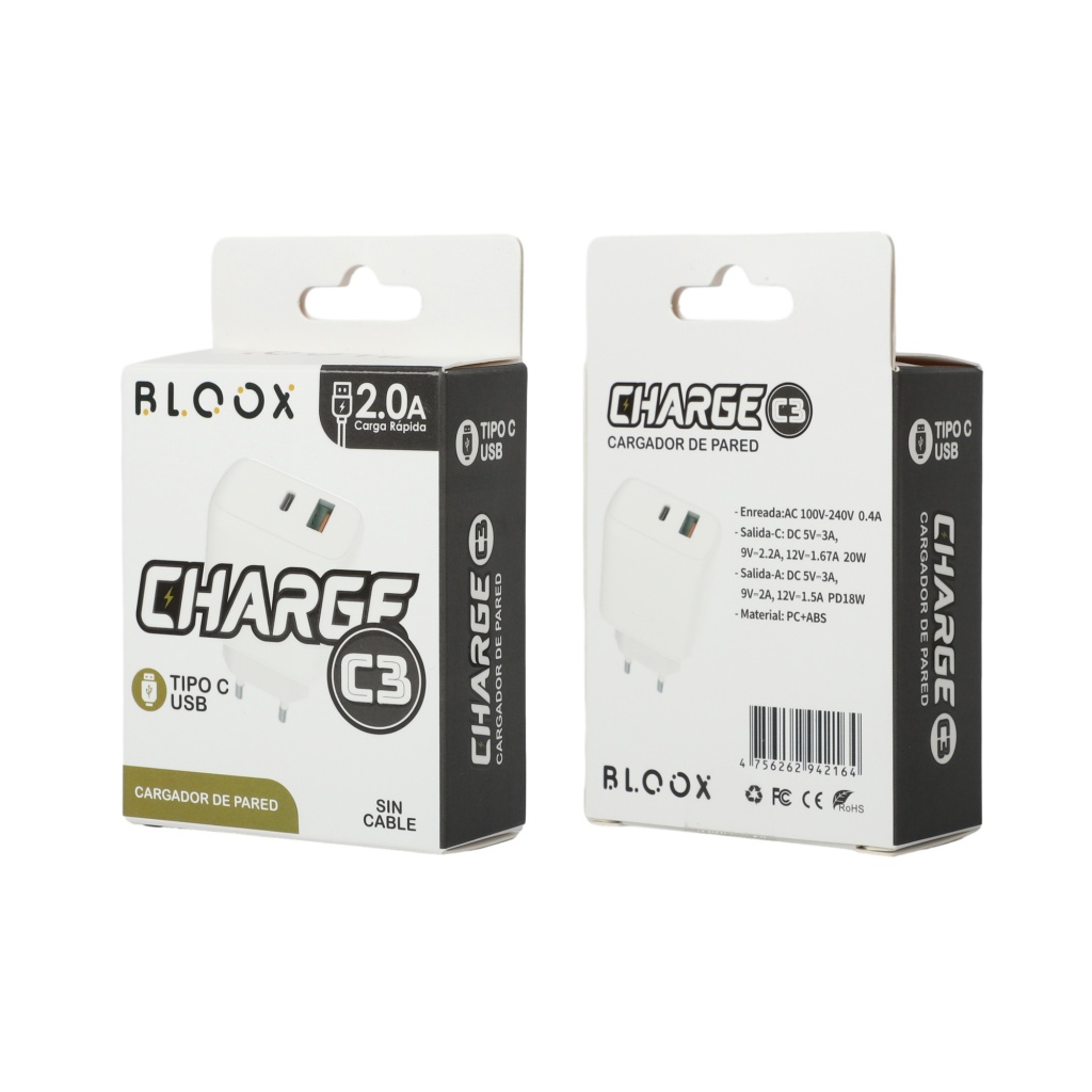 Cargador BLOOX A+C 3A 20W Sin Cable (BL-TCA-C3) - Imagen 2